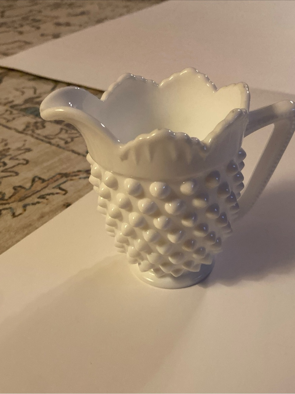 Fenton White Hobnail Milk Glass Creamer with Scalloped Rim